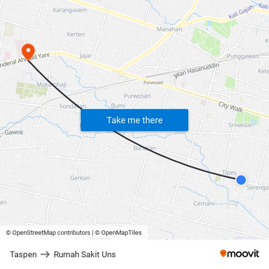 Taspen to Rumah Sakit Uns map