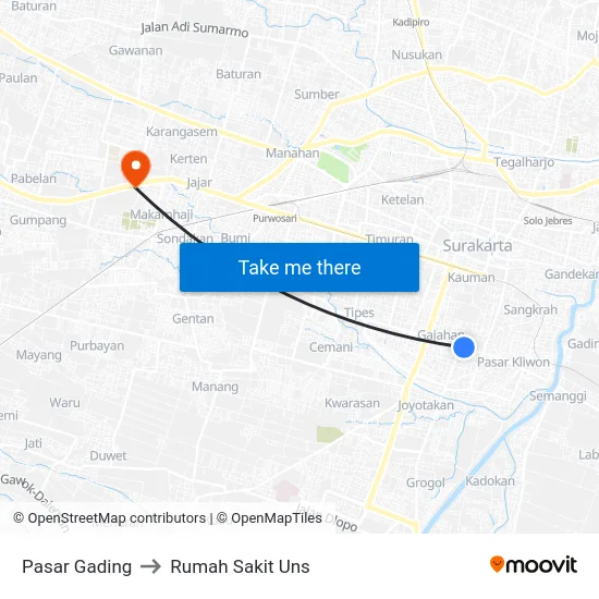 Pasar Gading to Rumah Sakit Uns map
