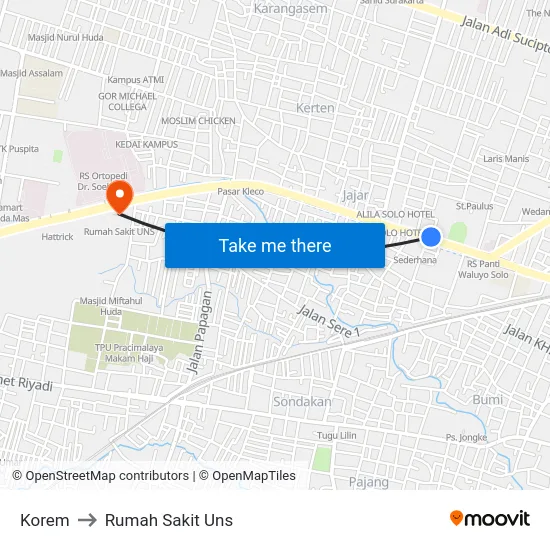 Korem to Rumah Sakit Uns map