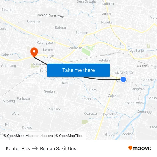 Kantor Pos to Rumah Sakit Uns map