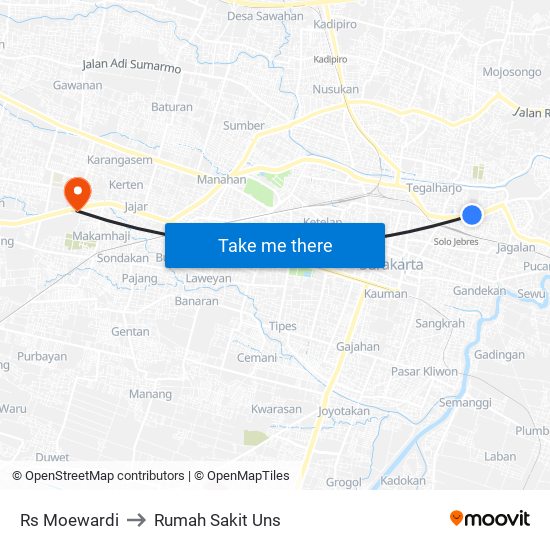 Rs Moewardi to Rumah Sakit Uns map