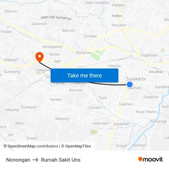 Nonongan to Rumah Sakit Uns map