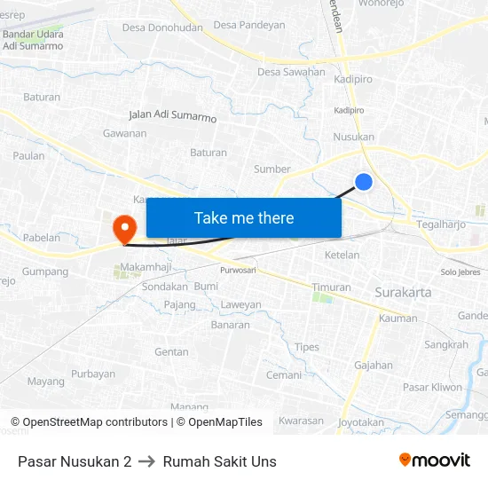 Pasar Nusukan 2 to Rumah Sakit Uns map