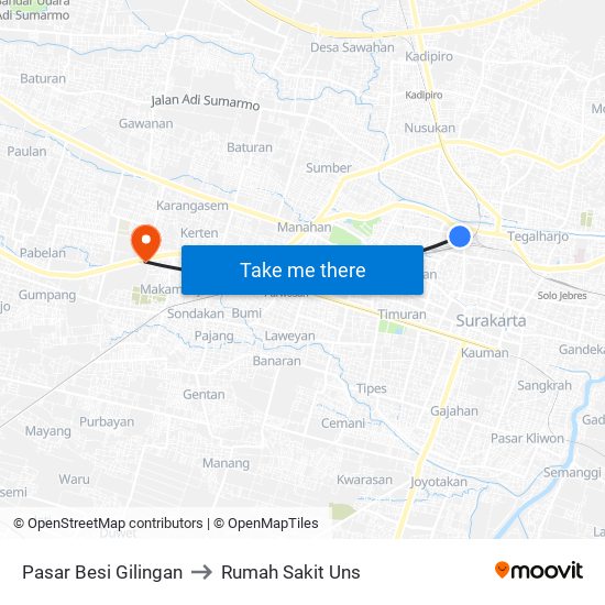 Pasar Besi Gilingan to Rumah Sakit Uns map