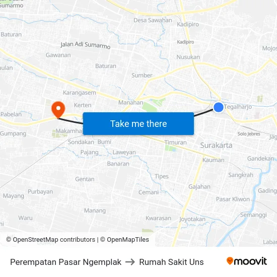 Perempatan Pasar Ngemplak to Rumah Sakit Uns map