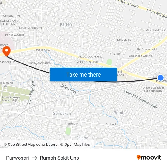 Purwosari to Rumah Sakit Uns map