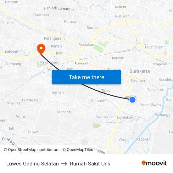 Luwes Gading Selatan to Rumah Sakit Uns map