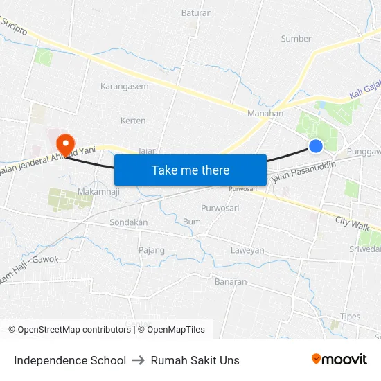 Independence School to Rumah Sakit Uns map