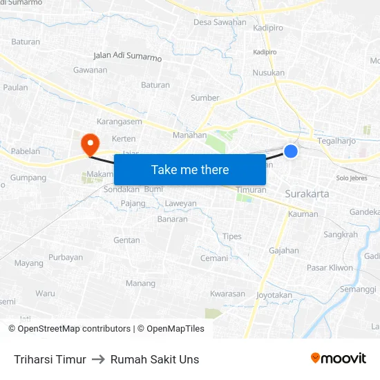 Triharsi Timur to Rumah Sakit Uns map