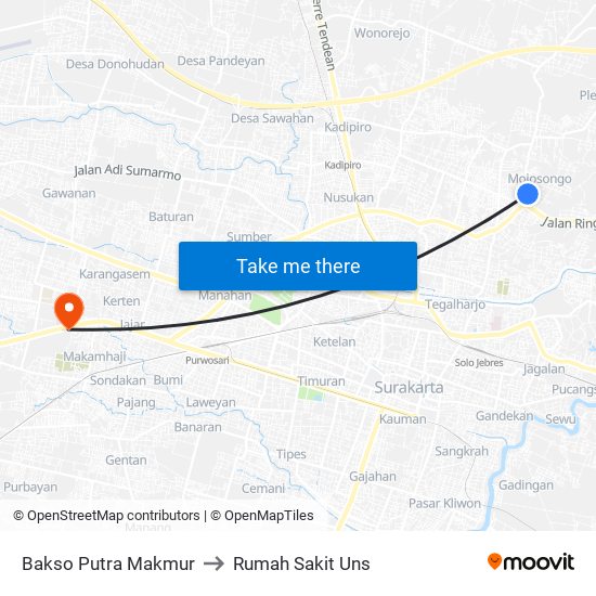 Bakso Putra Makmur to Rumah Sakit Uns map