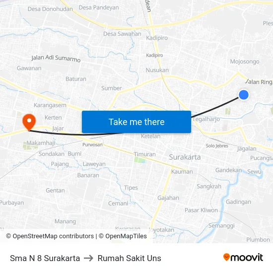 Sma N 8 Surakarta to Rumah Sakit Uns map