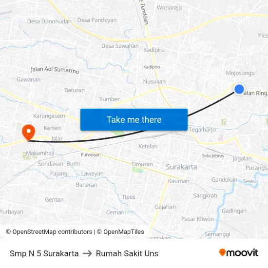 Smp N 5 Surakarta to Rumah Sakit Uns map