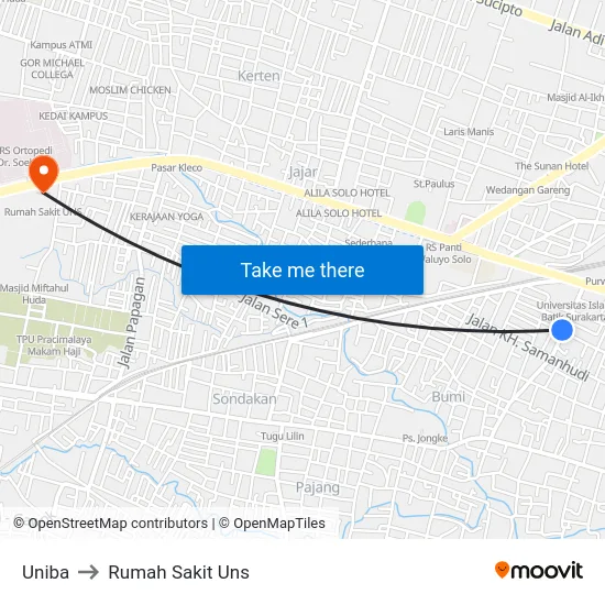 Uniba to Rumah Sakit Uns map
