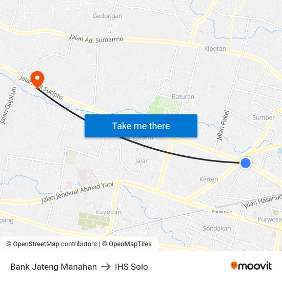 Bank Jateng Manahan to IHS Solo map