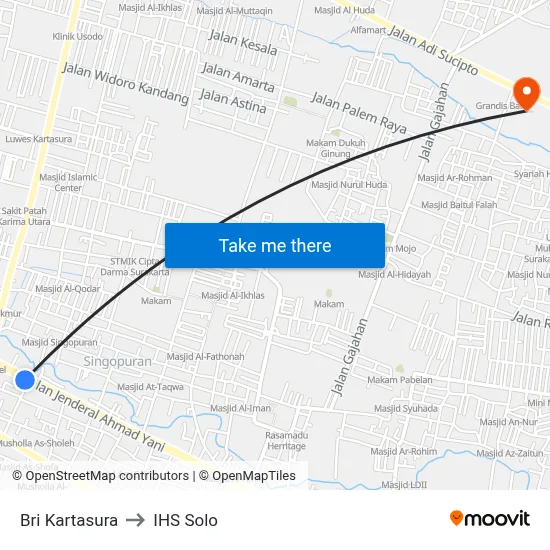 Bri Kartasura to IHS Solo map