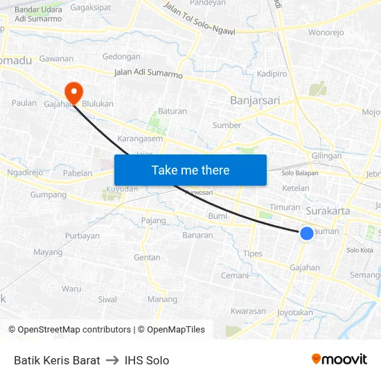 Batik Keris Barat to IHS Solo map
