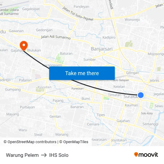 Warung Pelem to IHS Solo map