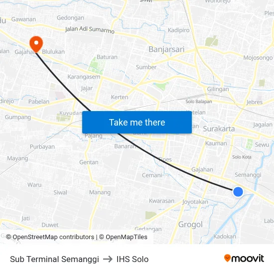 Sub Terminal Semanggi to IHS Solo map