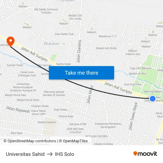 Universitas Sahid to IHS Solo map