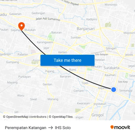 Perempatan Katangan to IHS Solo map