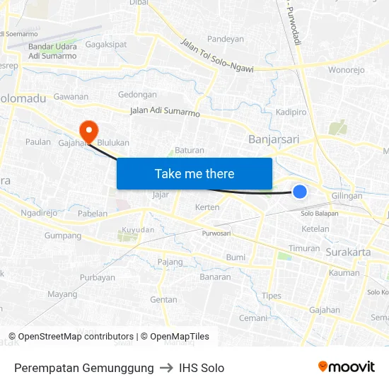 Perempatan Gemunggung to IHS Solo map