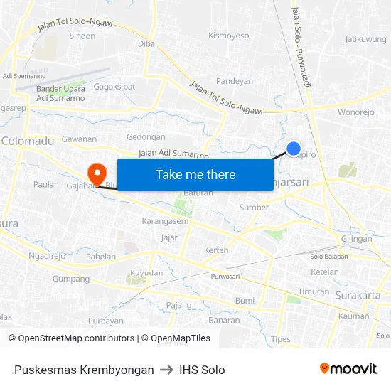Puskesmas Krembyongan to IHS Solo map