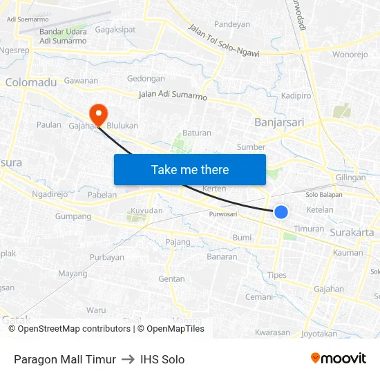 Paragon Mall Timur to IHS Solo map
