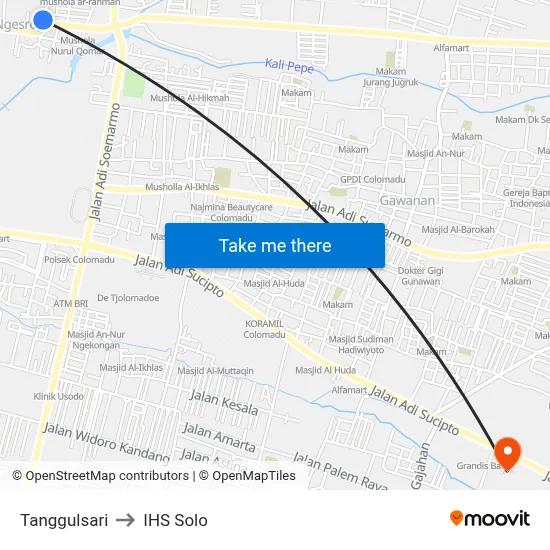 Tanggulsari to IHS Solo map