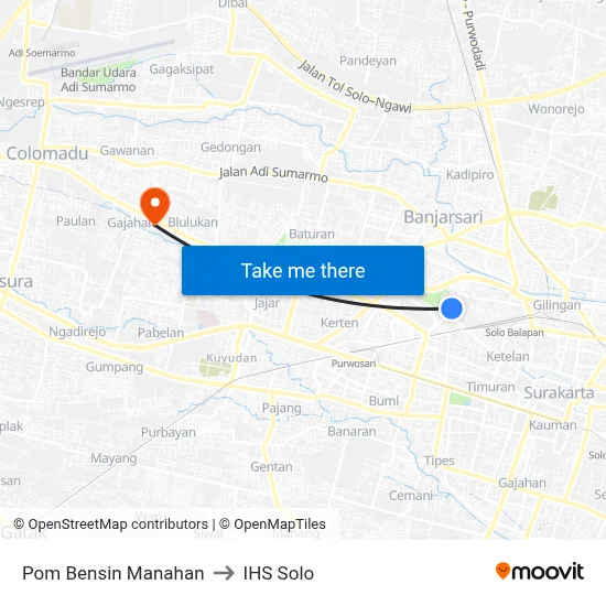 Pom Bensin Manahan to IHS Solo map