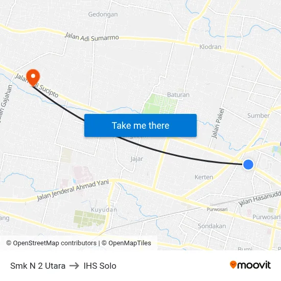 Smk N 2 Utara to IHS Solo map