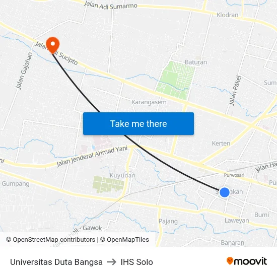Universitas Duta Bangsa to IHS Solo map