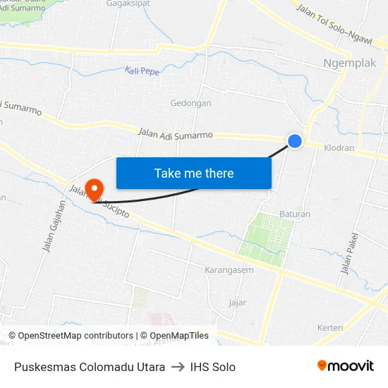 Puskesmas Colomadu Utara to IHS Solo map
