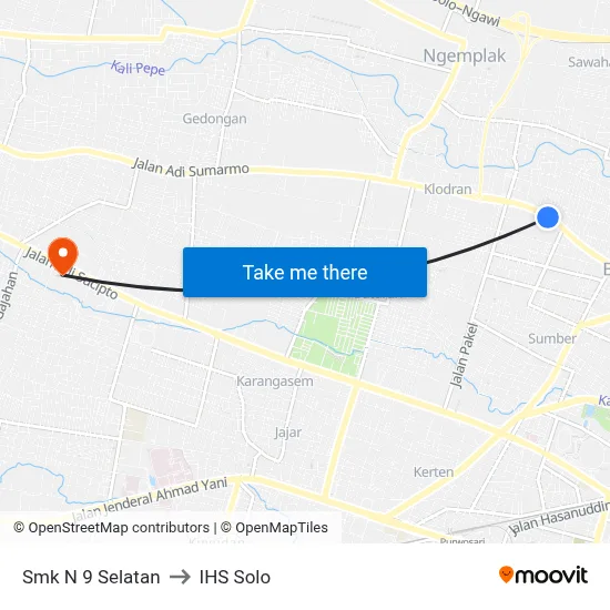Smk N 9 Selatan to IHS Solo map