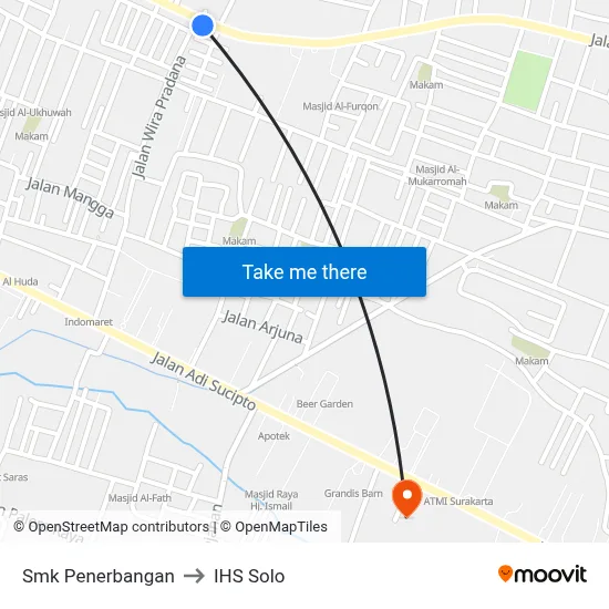 Smk Penerbangan to IHS Solo map