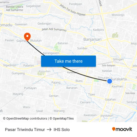 Pasar Triwindu Timur to IHS Solo map