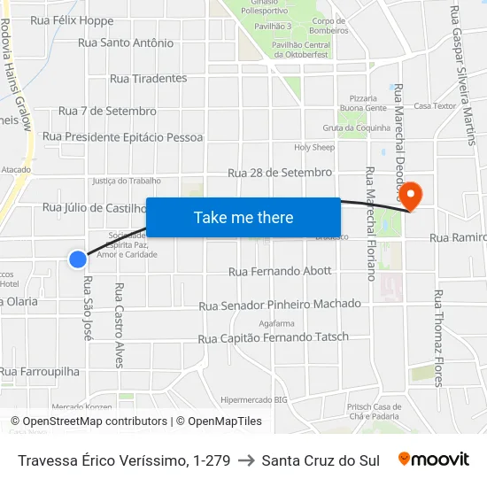 Travessa Érico Veríssimo, 1-279 to Santa Cruz do Sul map
