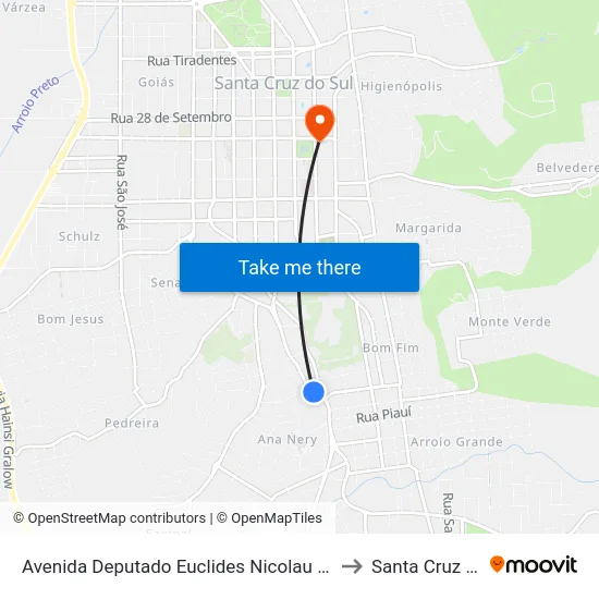 Avenida Deputado Euclides Nicolau Kliemann, 780 to Santa Cruz do Sul map