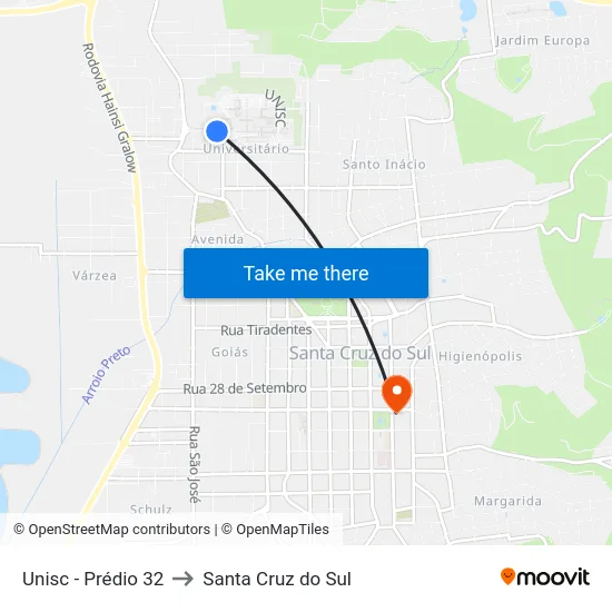 Unisc - Prédio 32 to Santa Cruz do Sul map