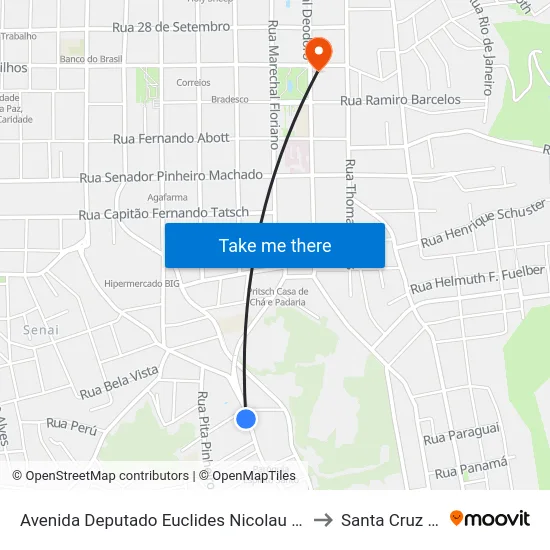 Avenida Deputado Euclides Nicolau Kliemann, 259 to Santa Cruz do Sul map