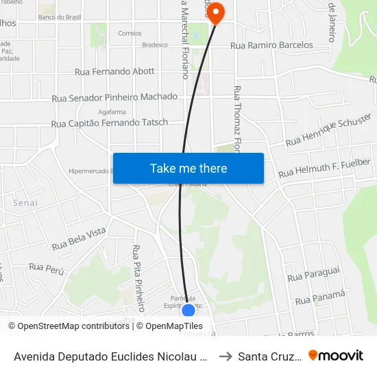 Avenida Deputado Euclides Nicolau Kliemann, 541-569 to Santa Cruz do Sul map