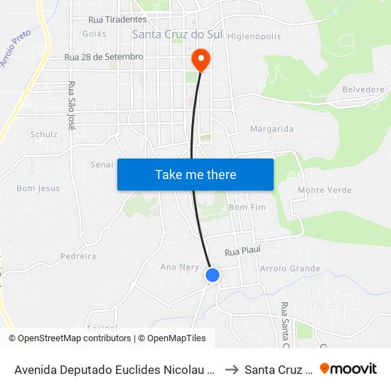 Avenida Deputado Euclides Nicolau Kliemann, 1321 to Santa Cruz do Sul map