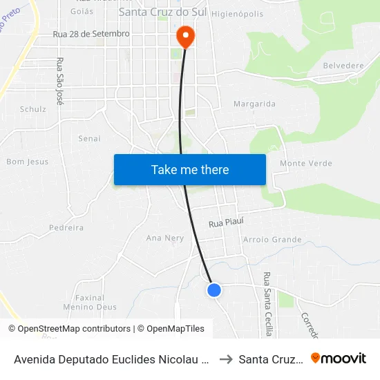 Avenida Deputado Euclides Nicolau Kliemann, 31-159 to Santa Cruz do Sul map