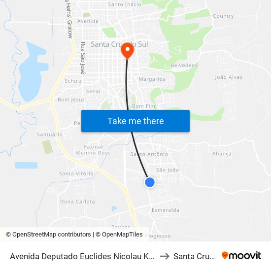 Avenida Deputado Euclides Nicolau Kliemann, 2365-2939 to Santa Cruz do Sul map