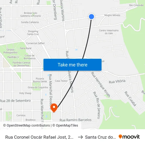 Rua Coronel Oscár Rafael Jost, 201-261 to Santa Cruz do Sul map