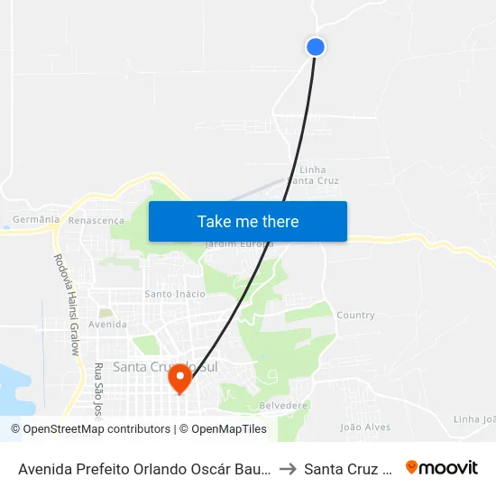 Avenida Prefeito Orlando Oscár Baumhardt, 270 to Santa Cruz do Sul map