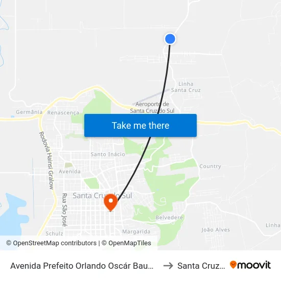 Avenida Prefeito Orlando Oscár Baumhardt, 1638-1704 to Santa Cruz do Sul map