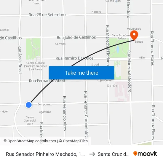 Rua Senador Pinheiro Machado, 1052-1188 to Santa Cruz do Sul map