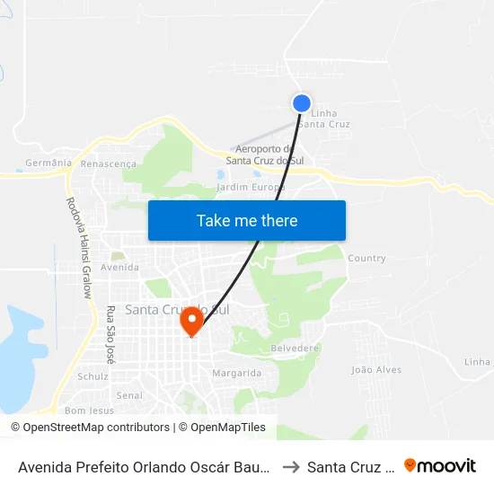 Avenida Prefeito Orlando Oscár Baumhardt, 92-156 to Santa Cruz do Sul map