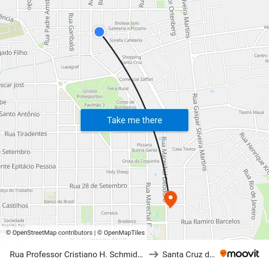 Rua Professor Cristiano H. Schmidt, 196-252 to Santa Cruz do Sul map