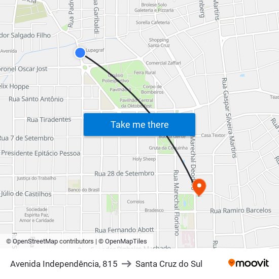 Avenida Independência, 815 to Santa Cruz do Sul map